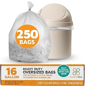 PlasticMill Heavy Duty Trash Bags - Clear Garbage Bags - Plastic Trash Bags - Kitchen, Bathroom, Office Garbage Bags, Trash Can Liners - 12-16 Gallon, 1 Mil, 24"x31" (250-Count)