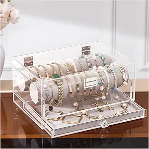 Lolalet Acrylic Bracelet Organizer Box, Clear Jewelry Display Holder for Bangles Watches, Jewellery Accessories Storage Case for Women -with Drawer