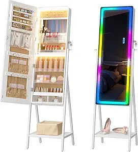 LVSOMT RGB LED Mirror Jewelry Cabinet, Large Jewelry Armoire Cabinet Standing, Lockable Full Length Mirror with Jewelry Storage, Space-Saving Jewelry Organizer Mirror, 14 RGB Lights, White