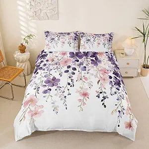 Erosebridal Pink Floral Duvet Cover Full Size Purple Eucalyptus Leaf Bedding Set for Women Adult Teens Kid Flower Farmhouse Comforter Cover Rustic Botanical Pastel Bed Set