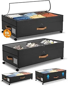 Under Bed Storage with Wheels, 10 inches Under Bed Storage Containers, 65L XXL Large Adjustable Underbed with Lids, Rolling Underbed Storage bins for Shoes, Clothes, Blankets, Black