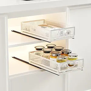 2 Pack Pull Out Cabinet Organizer, No Drill Adhesive Sliding Drawers for Kitchen, Metal Mesh Wire Storage Shelf for Pantry & Under Sink, White (9.6" W x 15.7" D x 3.9" H)