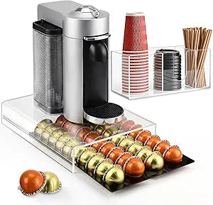 Coffee Pod Drawer Organizer with Clear Station Organizer Compatible with Nespresso Vertuo Acrylic Coffee Capsule Holder Drawer Machine Accessories 40 Pods