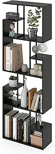 Manora Modern Geometric Bookshelf, 4-Tier Tall Bookcase with Open Display Shelves, Dark Brown Freestanding Storage Organizer for Living Room, Home Office, Bedroom, Rustic Industrial Narrow Shelf Unit