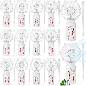 Glooglitter 12 Pcs Mini Handheld Fans Bulk, Battery Operated Portable Personal Cooling with Lanyards, Sports Party Favors for Team Gifts, Games, Summer Camp, Outdoor Events (White Baseball)