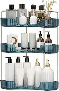 INVSSENE Corner Bathroom Countertop Organizer, Vanity Organizer Trays for Counter, Makeup Organizers, Perfume Tray, Skincare Shelf Storage Gifts for Women Girl Student (Blue, 3 Tiers)