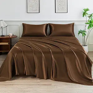 Satin Sheets King Size Bed Set,Similar to Silk Sheets,4Pcs Luxury Satin Sheet Set with 15 Inches Deep Pocket (King, Brown)