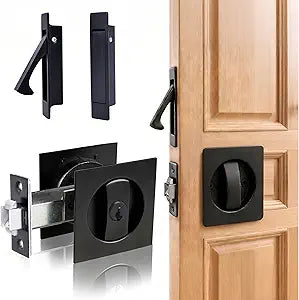 Dontay Pocket Door Key Lock with Edge Pull Handle,1 3/8" Backset,Stainless Steel Recessed 2 Sided,Hardware for 1 3/8" to 2 3/16" Sliding Door&Bathroom Doors (Matte Black, Square - 2 Set)