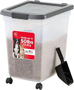 IRIS USA Dog Food Storage Container 50 lbs, with Removable Rolling Wheels & Included Scoop, for Dog Cat Bird and Other Pets, Food Storage Bin, Keep Fresh, Made in USA, Clear/Dark Gray