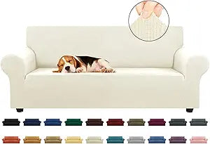 KEKUOU Stretch Sofa Cover Slipcover Couch Covers for 3 Cushion Couch Sofa pet Friendly (78"-94") Furniture Protector Sofa with Elastic Bottom for Kids,Dog, Jacquard Small Checked(Large,Beige)