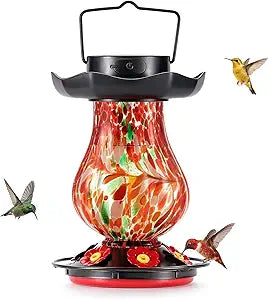 DesGully Solar Hummingbird Feeder for Outdoor - 25 fl.oz Hand Blown Glass Hummingbird Feeders for Outdoors Hanging, Large Capacity with Moat, 6 Colors Changing Light Outside Garden Decor (Red)