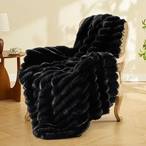 BEDELITE Faux Fur Throw Blanket for Couch, Soft and Cozy Luxurious 3D Striped Black Fluffy Blanket, 770GSM Thick Warm Plush Fuzzy Faux Rabbit Fur Blanket for Women Gift (Black, 50"x 60")