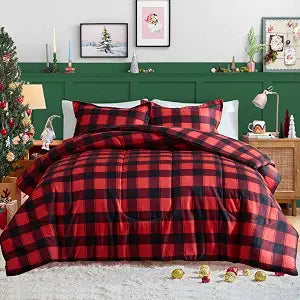 Tititada Christmas Red Plaid Comforter Set King Size, 3 Pieces Red Buffalo Check Grid Soft Microfiber Holiday Xmas Warm Bedding Set with Pillow Shams - Patchwork Plaid Printed