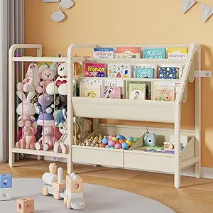 B5 Kids Bookshelf and Toy Storage, Book Shelf for Kids Rooms, Sling Toddler Book Shelves with Stuffed Animal Storage, Montessori Baby Bookcase for Nursery, Bedroom, Playroom, White