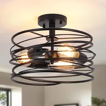 Black 3-Light Rustic Drum Semi Flush Ceiling Light Fixture, Retro Farmhouse Chandeliers Metal Cage for Dining Room, Industrial Pendant Light Fixture for Entryway Kitchen Foyer Bedroom