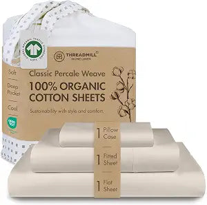 Threadmill 100% Organic Cotton Twin Sheet Set - GOTS Certified, 3 Piece, Beige - Soft and Breathable Sheets with All-Round Elastic Deep Pocket for Snug Fit, Healthy Bedding Set