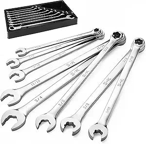SK 6 Point Bolt Extractor Wrench, SAE 5/16" to 3/4", 8-Piece, Extra Long Combination Wrench Set, Mirror Krome Finish, Premium CR-MO Construction, for Rounded and Stripped Bolts Removal