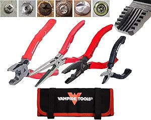 VAMPLIERS 4-PC Screw Extractor Pliers Set. Made in Japan: 8" Linesman, 7.5" Long Nose, 6.25" Black Oxide & 5" Mini Plier + Tool Pouch. Remove any Stripped/Damaged/Rusted Fasteners