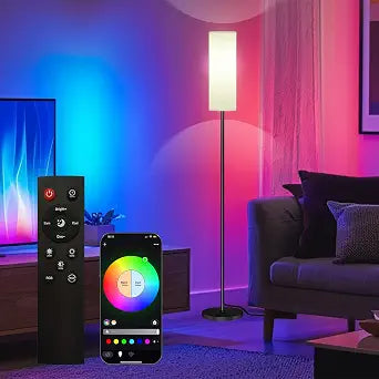 Qaubauyt Smart LED Floor Lamp with APP Control & RGB Colors - Dimmable Standing Lamp for Living Room, Bedroom, Gaming - Remote, Timer, 9W Bulb Included, 67" Modern Tall Lamp (black pole + white shade)