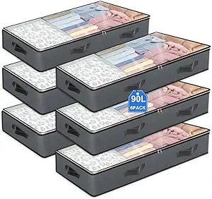 BiCINE 6 Pack Under Bed Storage Containers, 90L Collapsible Closet Organizers and Storage Bins, Underbed Storage Bags for Wrapping Paper, Blanket, Towels, Clothes, Comforter, Sweaters, Linen Sheets