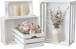 Set of 4 Large Wooden Decorative Storage Crates, Whitewashed Nesting Wooden Crates for Display Rustic, Farmhouse Wood Storage Container Boxes Made from 100% Wood