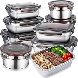 8 Pcs 304 Stainless Steel Food Storage Containers with Lids Leakproof, Reusable Airtight Meal Preparation Container Round and Square Stackable Food Container for Kitchen Picnic(Black Lids)