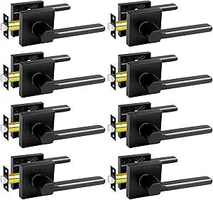 KAMOTA Passage Door Levers, 8 Pack Black Heavy-Duty Interior Door Handles, Square Non-Locking Door Locksets for Closets, Hallways and Conference Rooms, Left and Right Hand Reversible