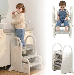 Bathroom Foot Step Stool for Kids, Toddler Step Stool Toilet Potty Training Tower with Handles and Anti-toppling Feet for Toddler (Grey White)