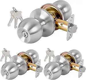 Keyed Entry Door Knob with Lock and Key, Exterior and Interior Door Knob for Bedroom or Bathroom, Satin Nickel, Not Keyed Alike, 3 Pack