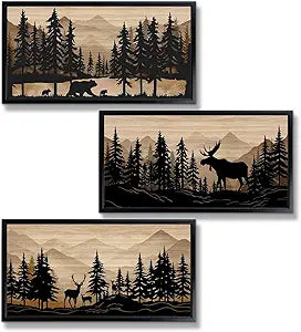 WELMECO Cabin Decor Bear Moose Deer Wall Art Rustic Home Decor Woodland Farmhouse Living Room Bedroom Bathroom Decor Forest Animal Picture, Black Framed 8x16inchx3 Pieces,Brown