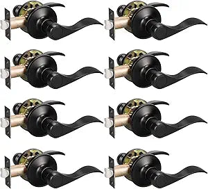 KNOBWELL 8 Pack Black Door Knobs Closet Hallway Door Handles Non-Locking Interior Matte Black Door Levers, Reversible for Right or Left, Zinc Alloy