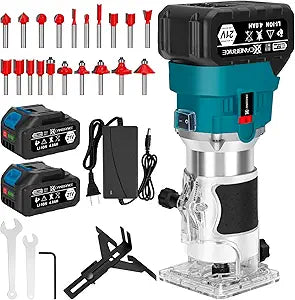Cordless Wood Router, 21V Brushless Trimmer Router with 2 x 4.0Ah Battery, Portable Wood Para Madera 6 Speed Adjustable, Wood Router Tool with 20PC 1/4" Router Bits, Using for Wood Slotting, Trimming