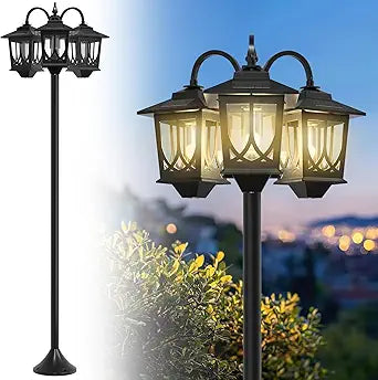 73" Aluminum Solar Lamp Post Light, 3-Head Solar Light Posts for Outside Waterproof, 90Lm Outdoor Lamps for Patio, Backyard, Front Porch Decor, Warm White, Replaceable Bulb