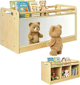 Montessori Shelf with Activity Top and Mirror, Birch Plywood Toy Storage Cabinet, Wooden Toddler Tummy Time Furniture for Home, Daycare Cubbies, Preschool, Playroom, Nursery, Kindergarten