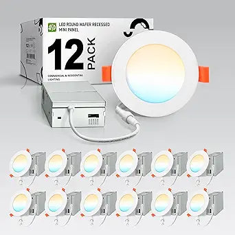 ASD 12 Pack LED Recessed Lighting 4 Inch 12W, 5 CCT 2700K-5000K CRI90+, IC Rated Ultra Thin Dimmable Ceiling Lights with J Box, Canless Wafer Downlight, Round Slim Panel Light, Energy Star ETL, White