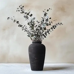 Large Ceramic Rustic Vase, 11" Black Terracotta Farmhouse Flower Vase, Modern Boho Pottery Decor for Living Room, Bathroom, Office, Shelf, Mantel