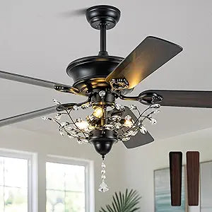 Bella Depot 52" Crystal Chandelier Ceiling Fan with Light Vintage Dual-Sided Blades Fandelier Fan for Living Room Dining Room Bedroom (Black-2014)