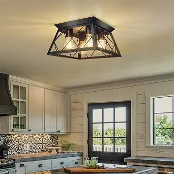 FadimiKoo 4-Light Black Flush Mount Ceiling Light for Kitchen Hallway, Industrial Close to Ceiling Lighting, Farmhouse Square Cage Lamp for Dining Room, Living Room, Bulb Not Included