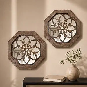 2 Pack 12 Inch Octagon Maroon Rustic Wood Frame Acrylic Wall Mirrors, Farmhouse Boho Wall Art Decor for Living Room, Bedroom, Hallway, Entryway, Bathroom & Office