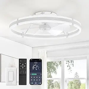 ZMISHIBO 24 Inch Ceiling Fans with Lights and Remote, Modern Low Profile Ceiling Fan, 3000-6000K Dimmable Flush Mount LED Fan Light, 6 Wind Speeds, Fandelier Ceiling Fans for Bedroom- White