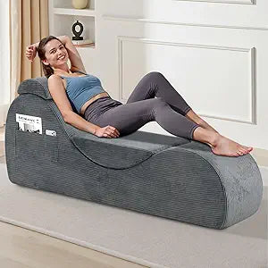 Yoga Chair Lounge for Adult, Ergonomic Chaise Lounge Chair with Side Pocket, Headrest, Waist Pad, Perfect for Stretching, Massage, and Relaxation, Used in Living Room, BedroomDark Gray