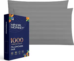 Queen Damask Stripe Pillow Cases Set of 2, 100% Egyptian Cotton, Light Grey