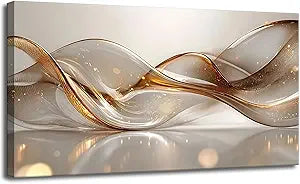 Modern Large Living Room Canvas Wall Art Gold Abstract Lines Decor painting Pictures Transparent Wave Neutral Posters Prints for Bathroom Bedroom Office Hallway Home Decoration