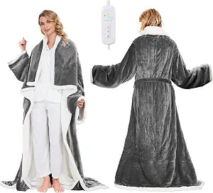 Portable Heated Blanket - Wearable Heated Blanket Throw with Foot Pockets, Sleeves Flannel Sherpa Wearable Blanket 8 Heating Levels & Timer Snuggle Blankets for Home Office - Heated Robe 50*70"