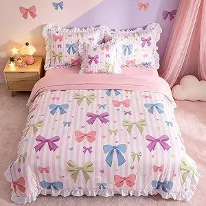 6 Pieces Bow Bedding Set Twin for Girls White Ruffle Comforter