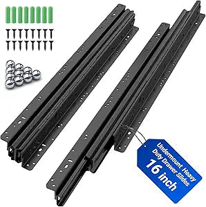 Bottom Mount Drawer Slides, 265 lbs Capacity Heavy Duty Full Extension Rails for Under-Stair Cabinets & Deep Storage, 16/24/32/40 Inch Black Cold Rolled Steel Hardware (1 Pair 16 Inch)