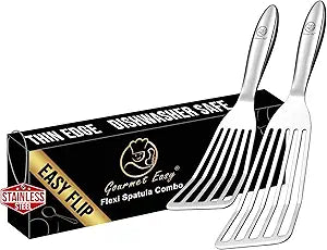 Stainless Steel Fish Spatula Set  1 Large Fish Turner + 1 Small Metal Spatula, Ultra-Thin Edge for Easy Turning & Flipping, Metal Kitchen Utensils with Ergonomic Non-Slip Handle, Dishwasher Safe