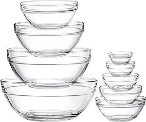 Lawei Set of 9 Glass Mixing Bowls - Glass Nesting Bowls Prep Bowl Clear Salad Bowls for Kitchen Prep Salad, Cereal, Ice Cream, Pasta, Fruits
