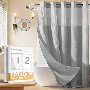 River Dream No Hooks Waffle Weave Shower Curtain with Snap in Liner + an Extra Replacement LinerBathroom Curtains Shower Set - 71W x 74H, Hotel Grade, Spa Like Bath Curtain, Light Grey