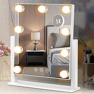 Dirket Vanity Mirror with Lights, Hollywood Lighted Makeup Mirror with 3 Color Lighting Modes and 9 Dimmable Bulbs, Detachable 5X Magnification, Smart Touch Control, 360Rotation, White